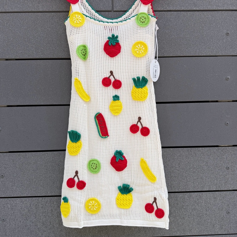 STAUD White Knit Mini Dress with Red, Yellow & Green Fruit Appliqués - Picture 7 of 7